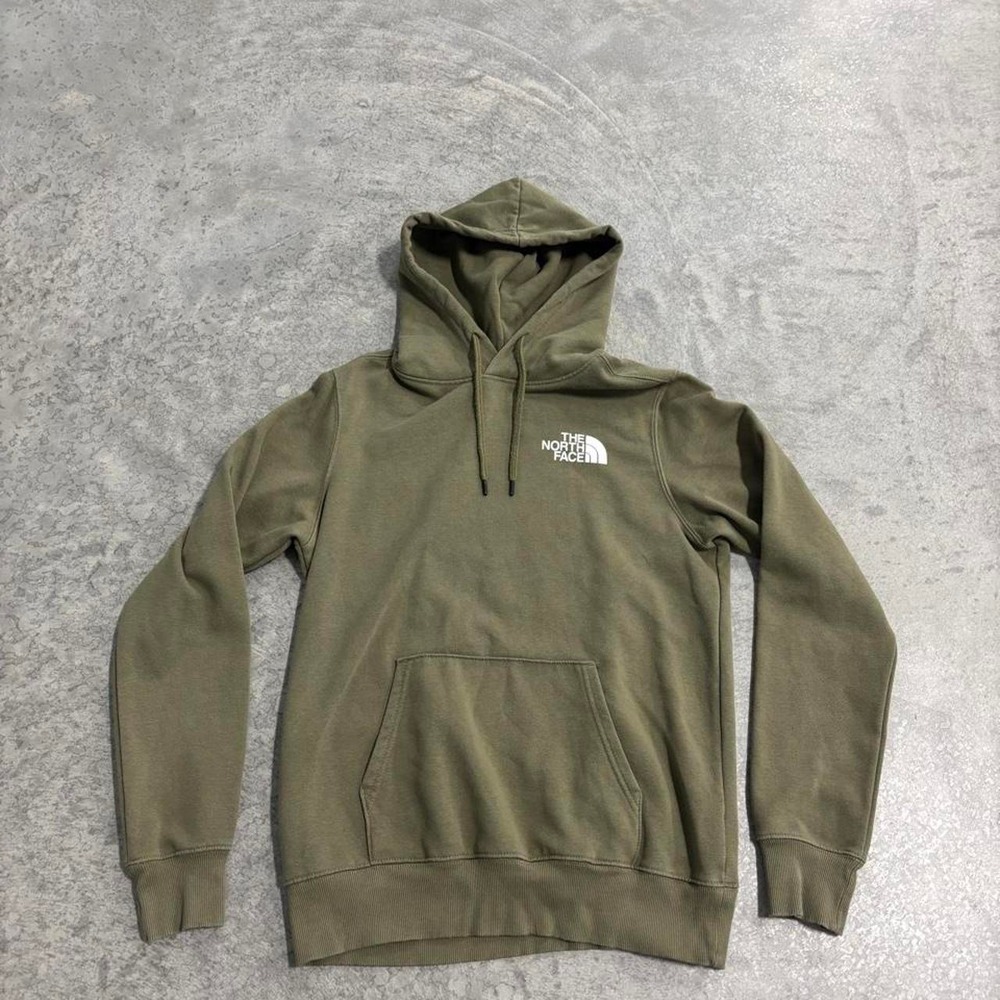 The North Face Olive Green Pullover Hoodie Big Logo Back Print Men's Small